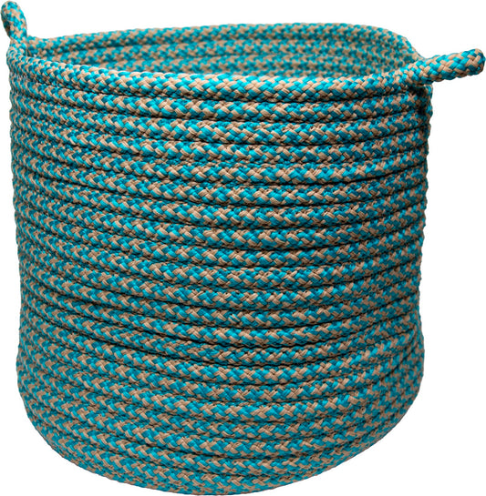 Houndstooth braided storage basket in turquoise, round 15x15x15 polypropylene basket with strap handles, made in USA