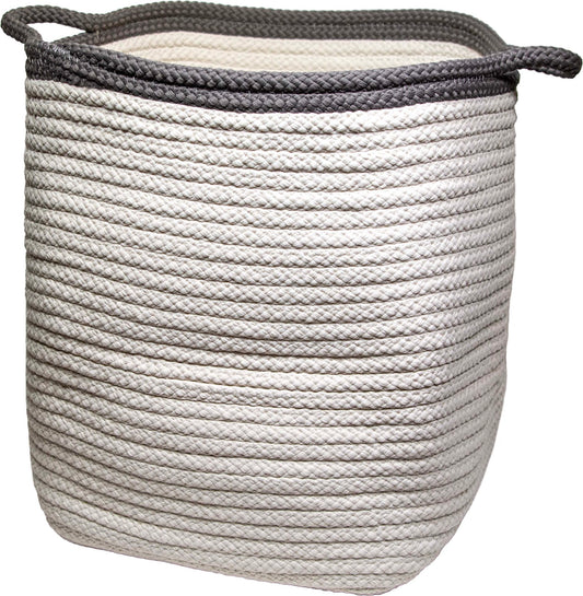 Perdu square braided laundry hamper in white and charcoal, 14x14x20 polypropylene hamper with integrated handles, made in USA